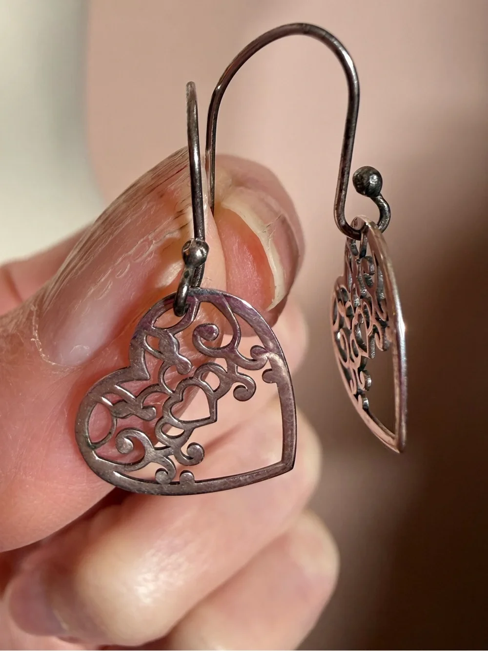 Vintage sterling silver Mexico ATI Filagree southwestern heart Dangle earrings
